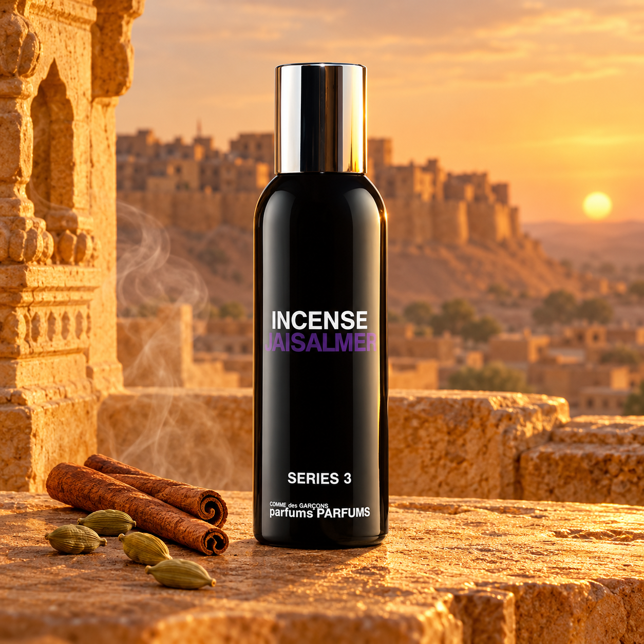 Comme des Garçons Incense Jaisalmer bottle with cinnamon and cardamom on sandstone overlooking a desert fort at sunset.