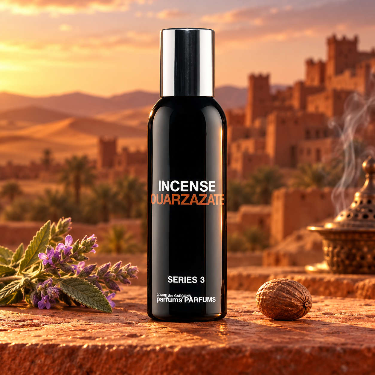Comme des Garçons Incense Ouarzazate bottle with sage, nutmeg and incense overlooking a Moroccan kasbah and dunes.