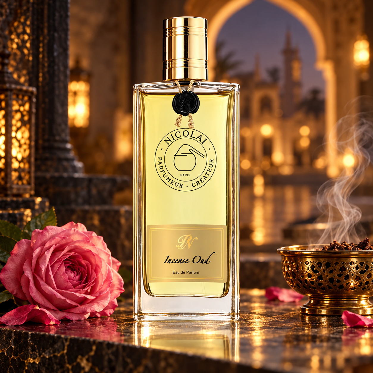 Nicolai Incense Oud bottle with a pink rose and smoking brass incense bowl in a warmly lit arched interior.