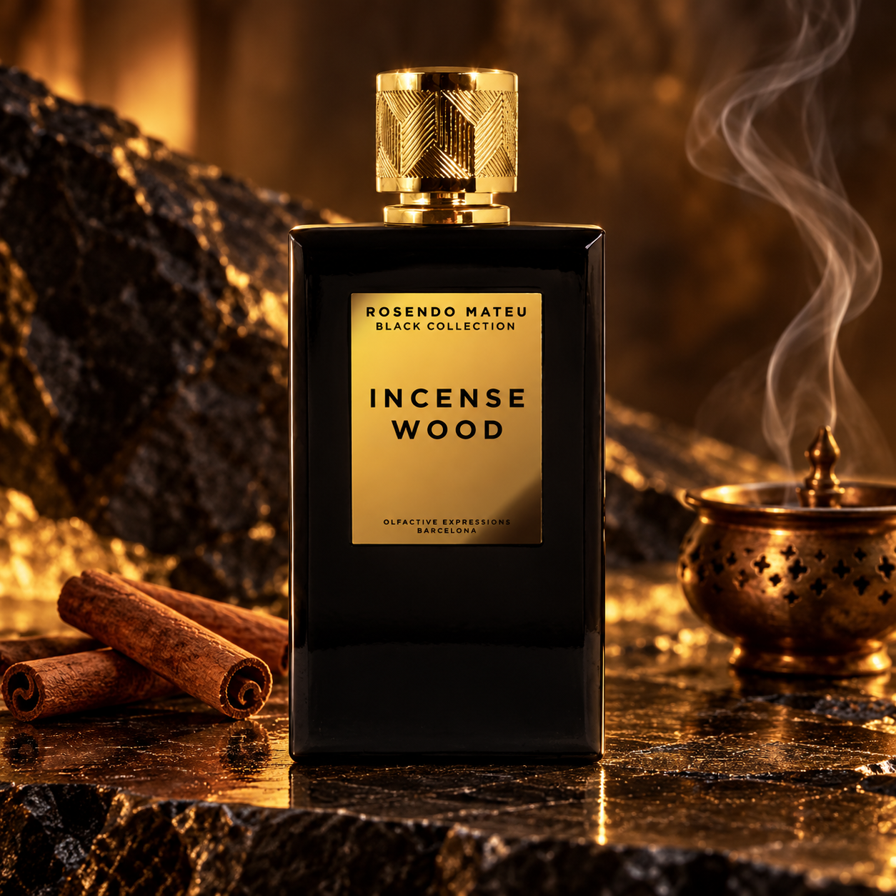 Rosendo Mateu Incense Wood bottle with cinnamon and a smoking bronze censer on dark stone in amber light.