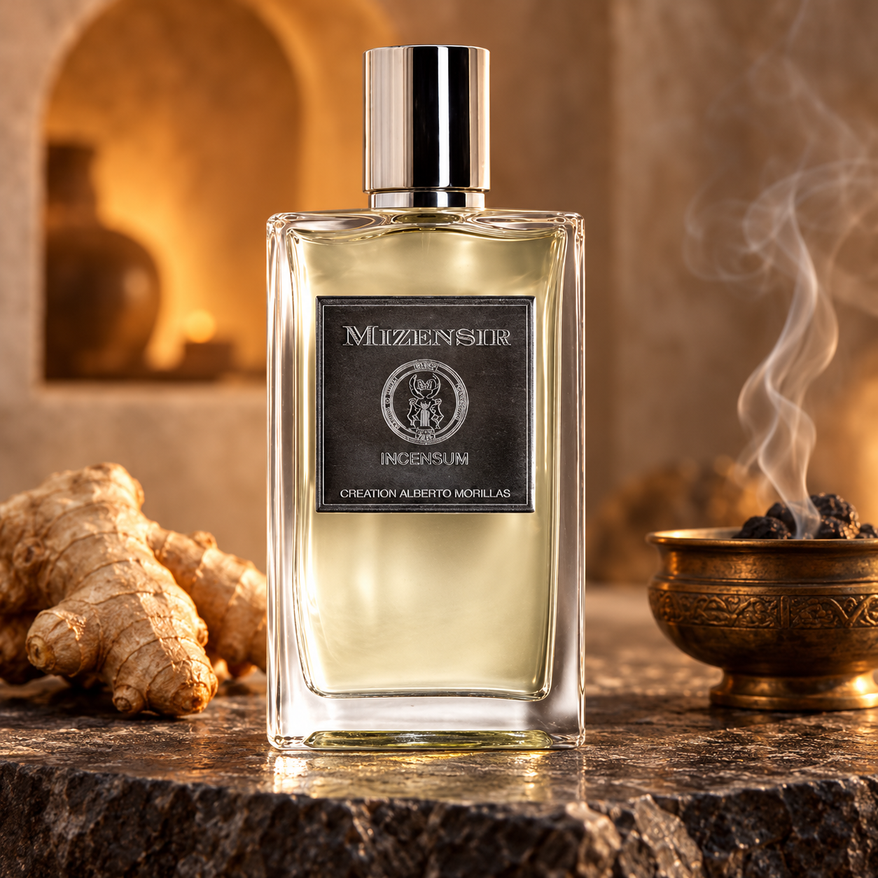 Mizensir Incensum bottle with ginger and a smoking brass bowl on charcoal stone in a warmly lit niche.