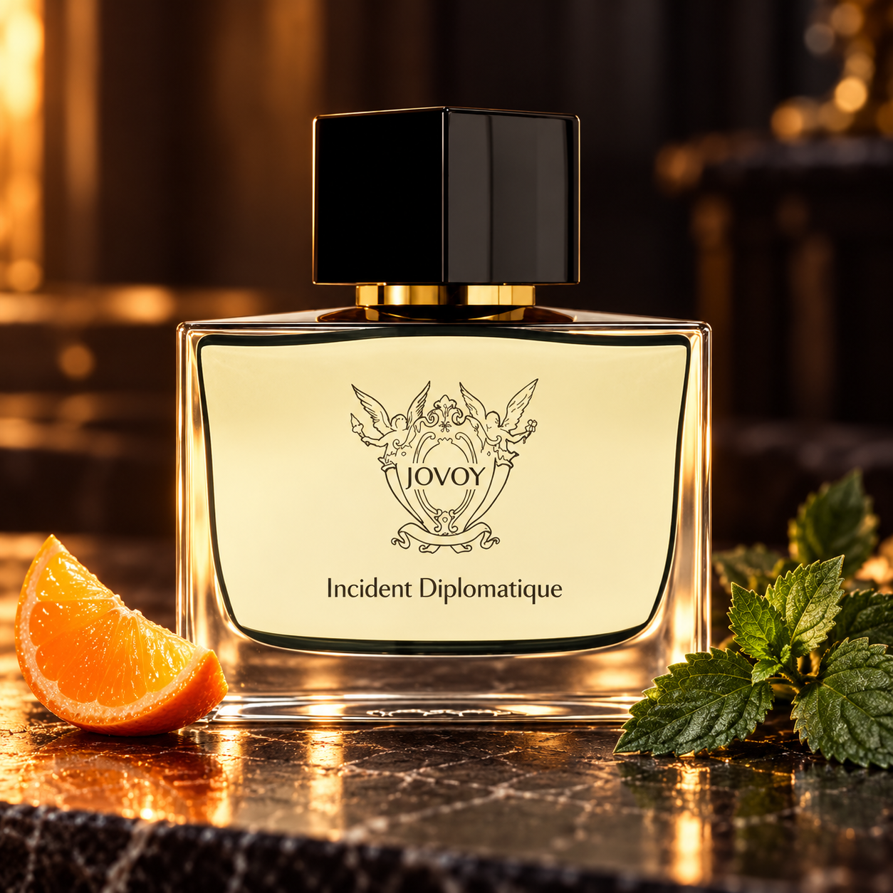 Jovoy Incident Diplomatique bottle with a mandarin wedge and patchouli leaves on dark stone in amber light.