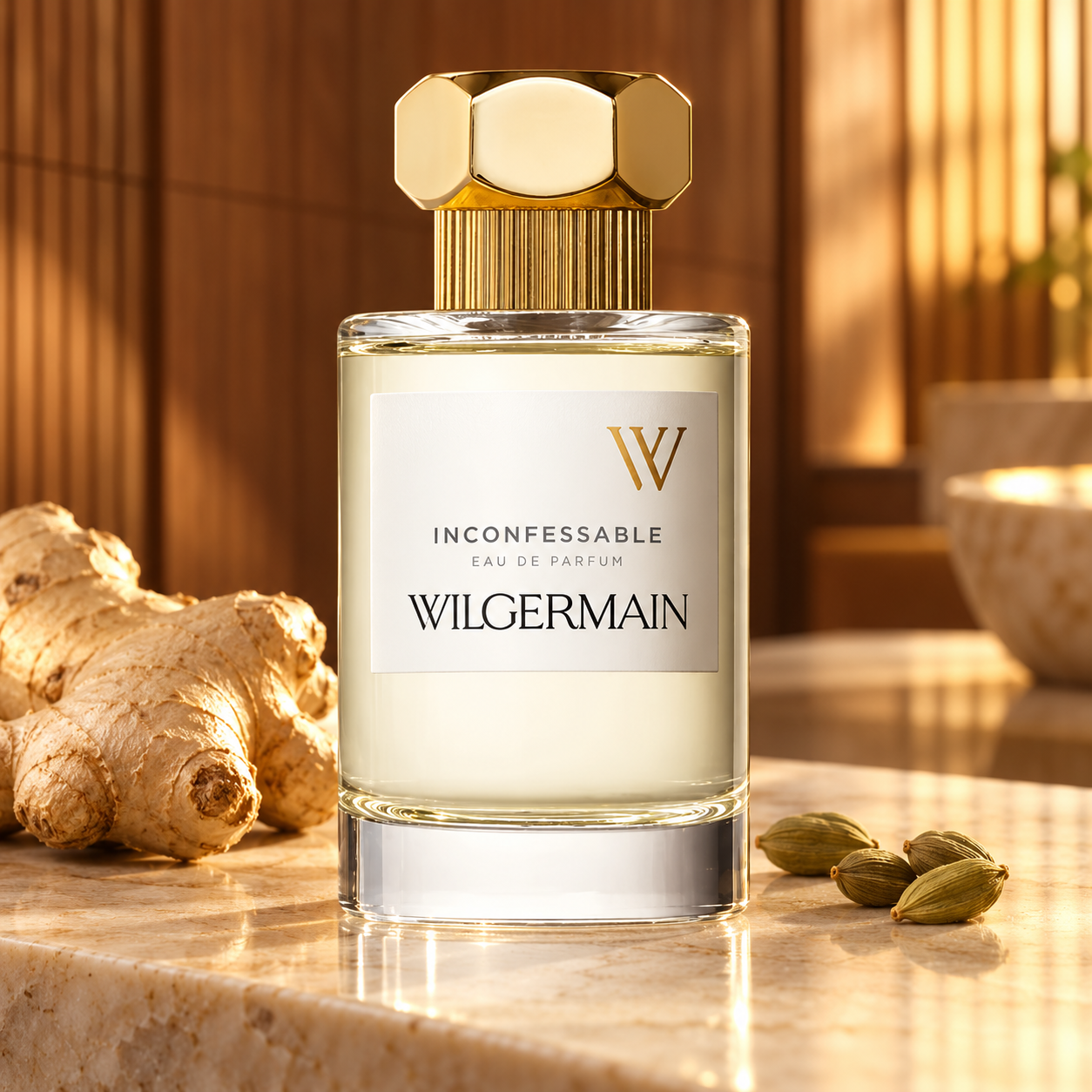 Wilgermain Inconfessable bottle with ginger and cardamom on cream stone against a warmly lit wood-paneled interior.