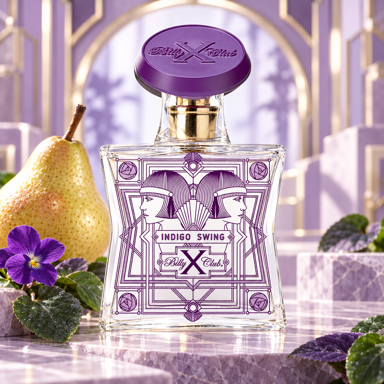 BillyXClub Indigo Swing bottle with a pear, violet and green leaves in a softly lit lilac Art Deco setting.