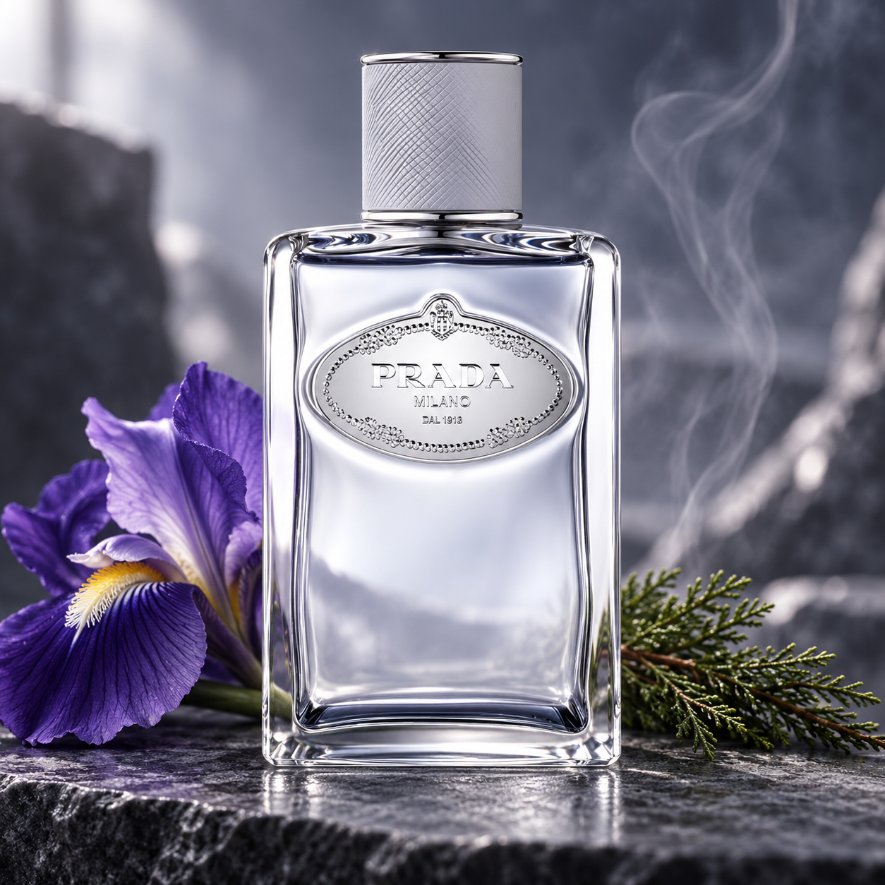 Prada Infusion d'Iris Cedre on dark stone with a purple iris, cedar foliage and delicate smoke in cool silver light.