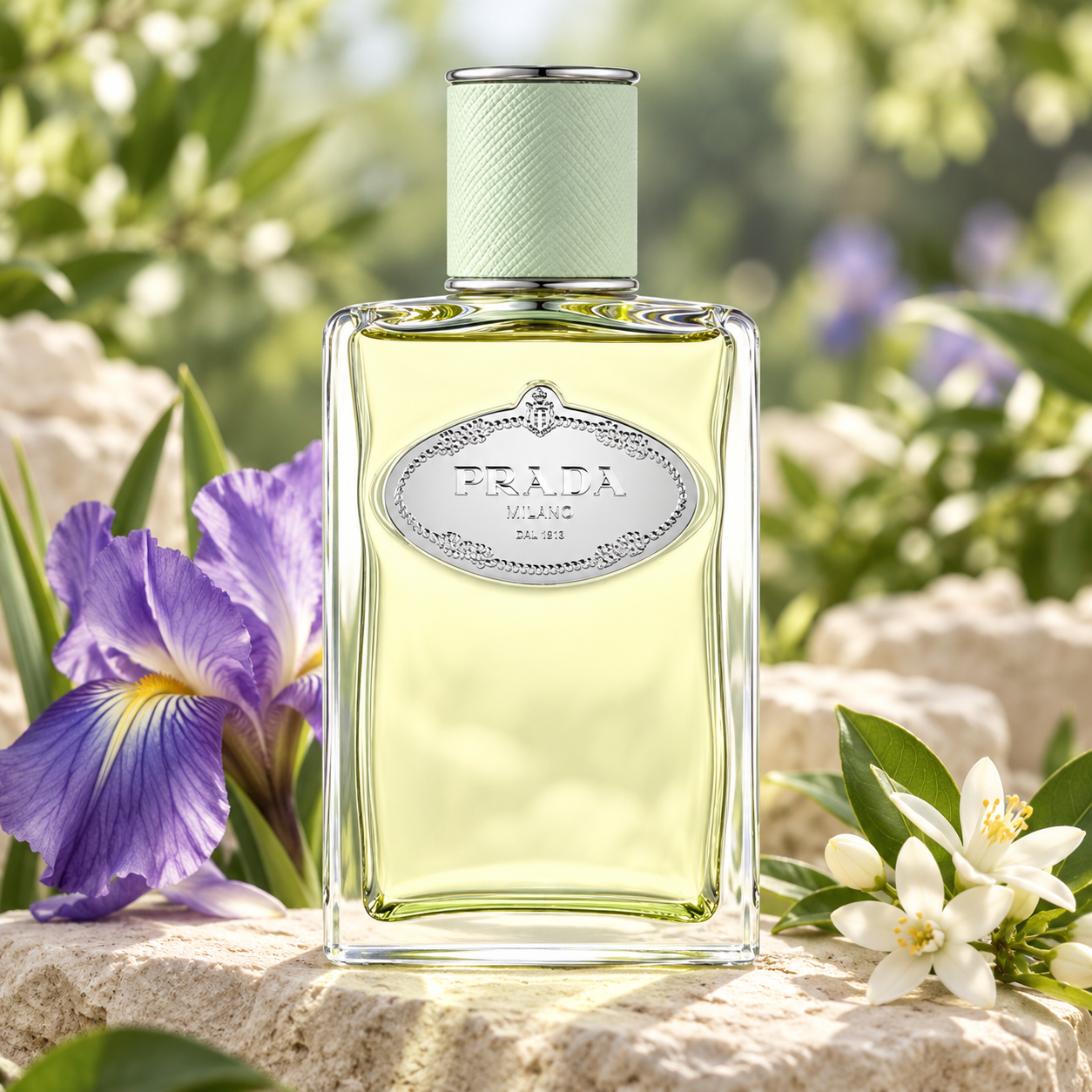 Prada Infusion d'Iris on pale stone beside a purple iris and white orange blossoms against a softly blurred green garden.