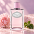 Prada Infusion d'Oeillet on pink stone beside a pale pink carnation and green patchouli leaves in soft light.