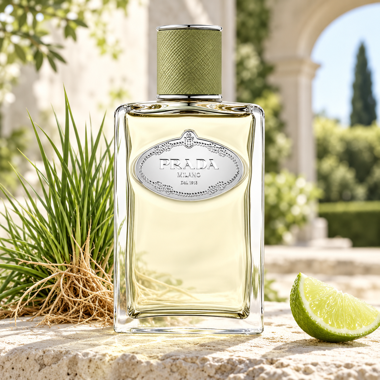 Prada Infusion de Vetiver on limestone beside vetiver grass and roots and a lime wedge in a sunlit garden.