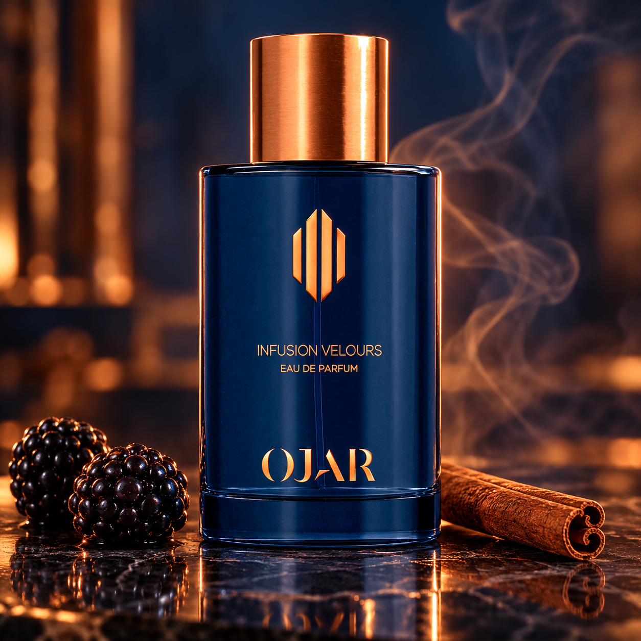 Ojar Infusion Velours on dark polished stone with blackberries, cinnamon and incense smoke in copper light.
