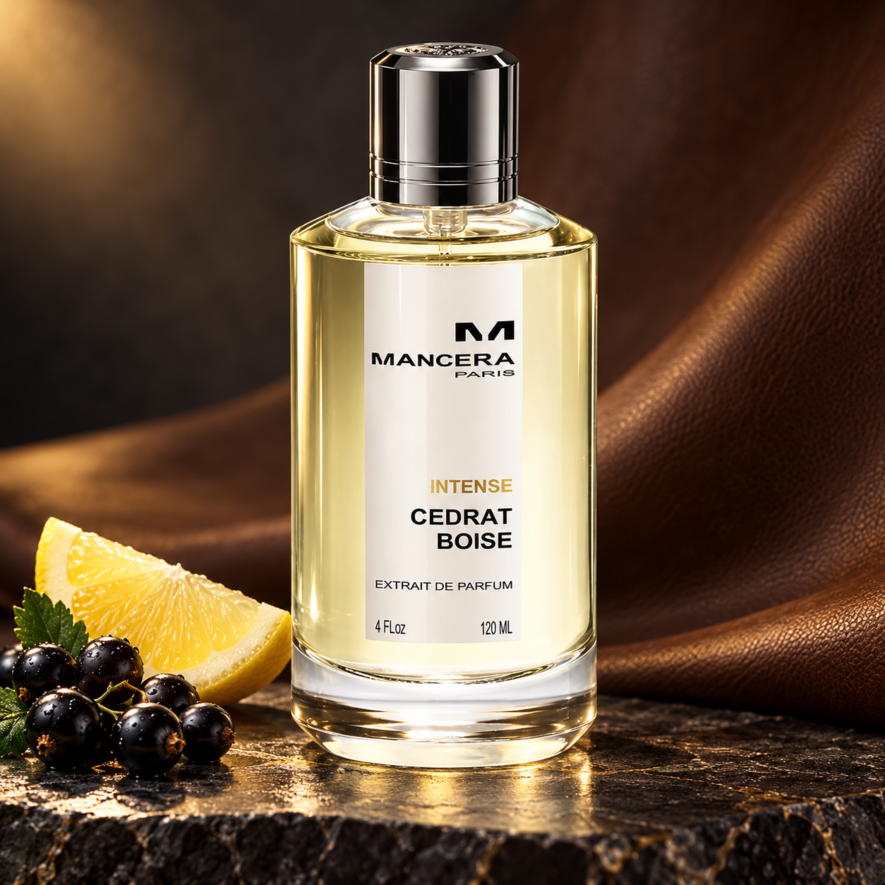 Mancera Intense Cedrat Boise beside a lemon wedge and blackcurrants against a brown leather backdrop.