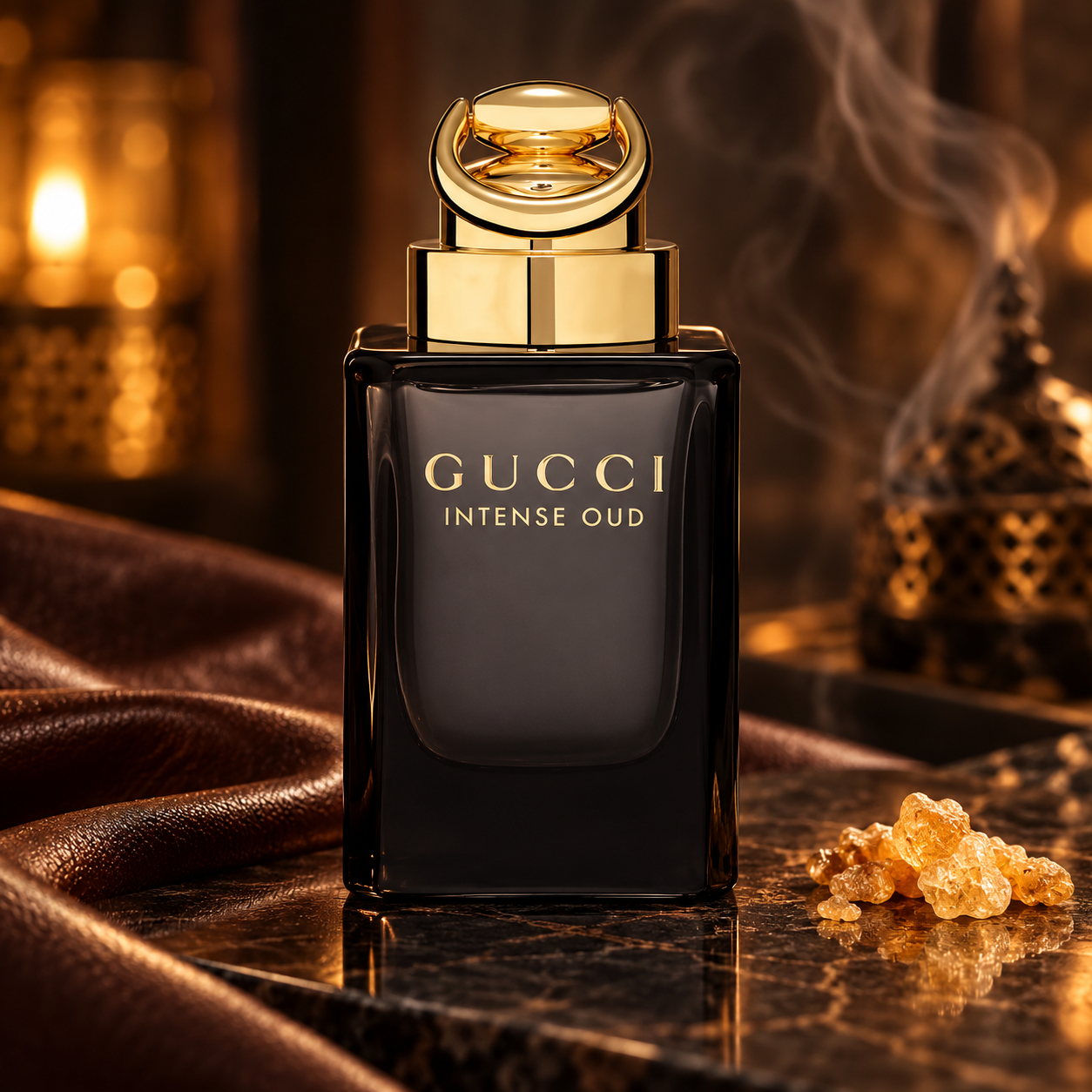 Gucci Intense Oud on dark stone with leather, frankincense resin and softly lit incense smoke.