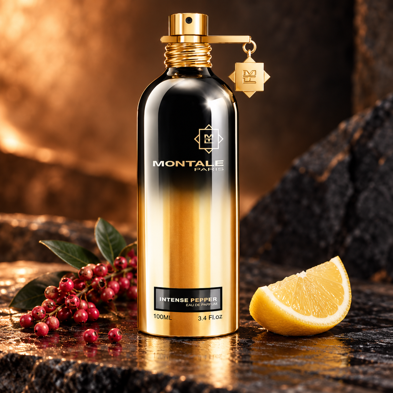 Montale Intense Pepper on dark stone with pink pepper berries and a lemon wedge in warm light.