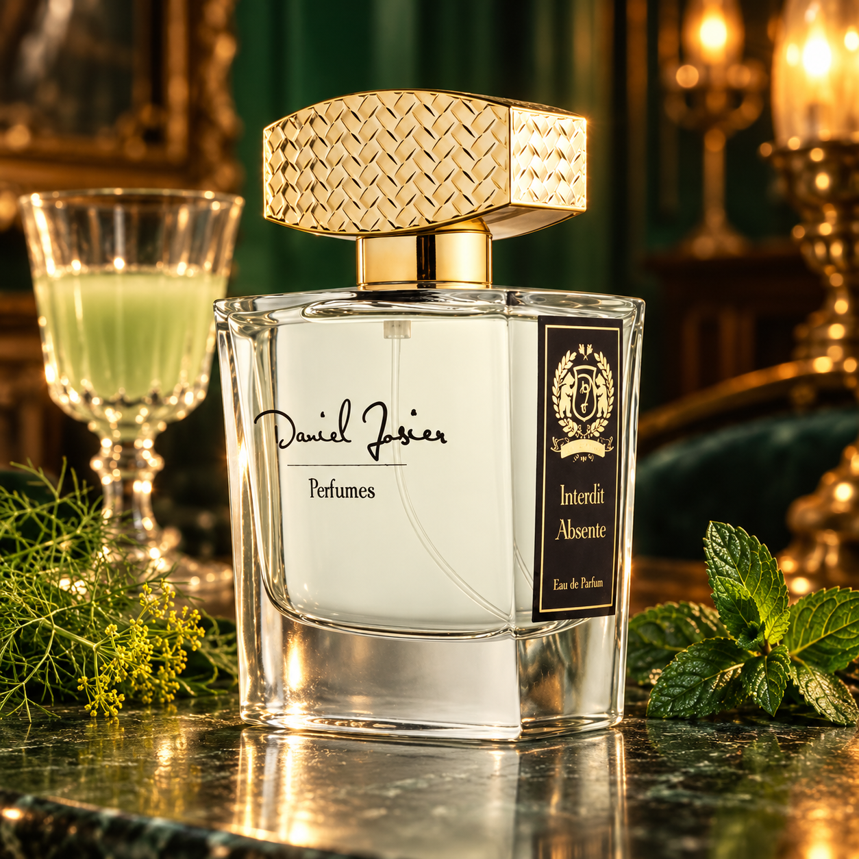 Daniel Josier Interdit Absente beside fennel, mint and a glass of absinthe in an emerald and gold salon.