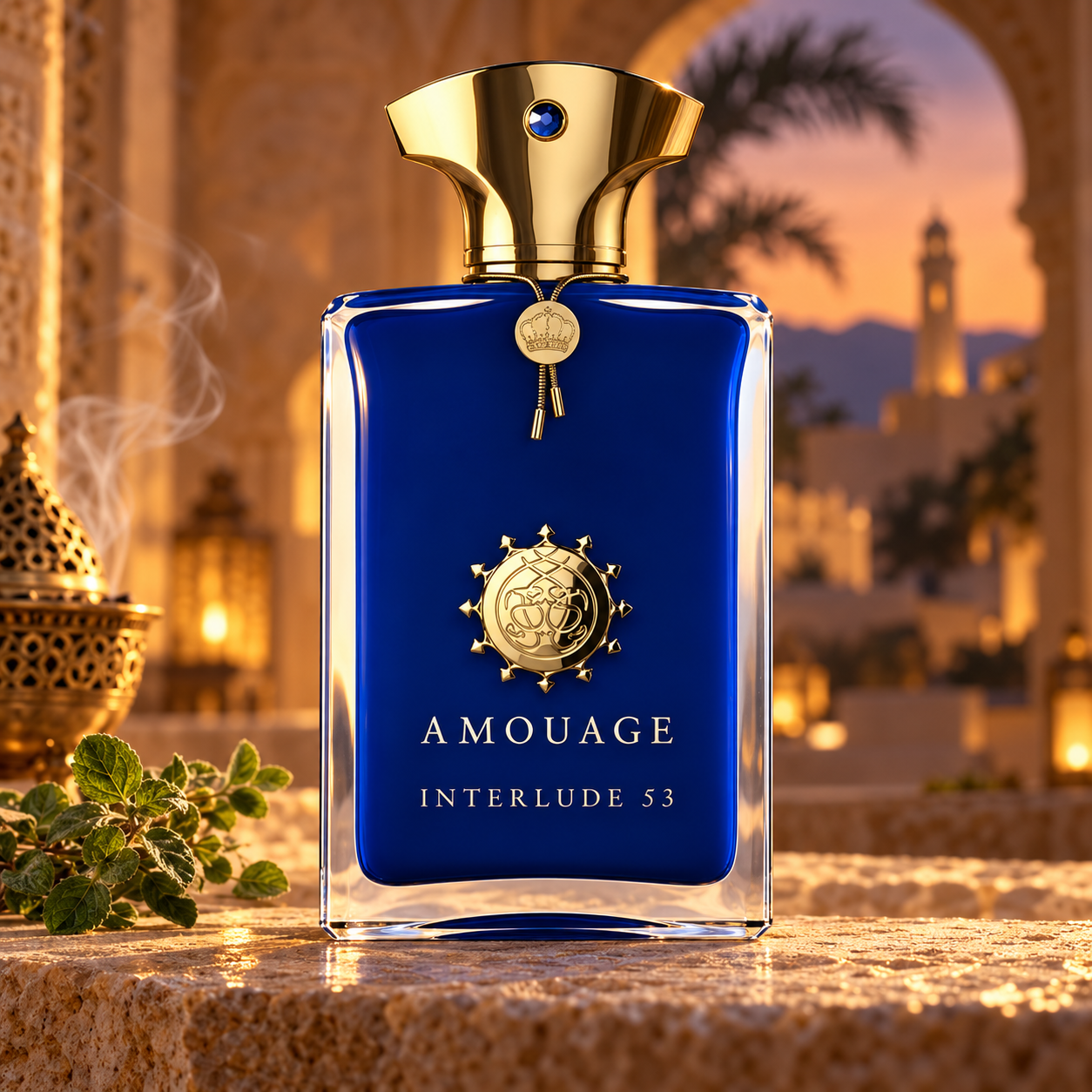 Amouage Interlude 53 Man on limestone with oregano and incense smoke in a warmly lit Omani courtyard.