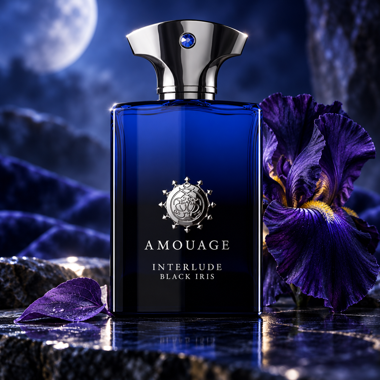 Amouage Interlude Black Iris on reflective dark stone beside a purple iris and leaf under blue moonlight.