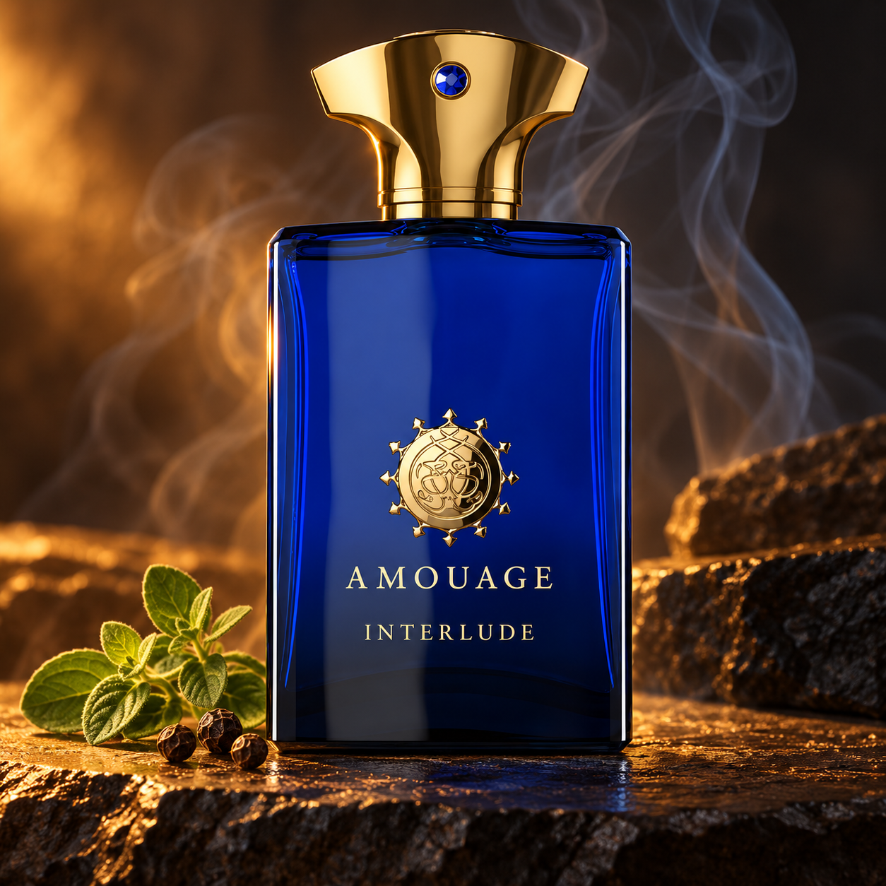 Amouage Interlude Man on dark stone with oregano, peppercorns and curling incense smoke in amber light.