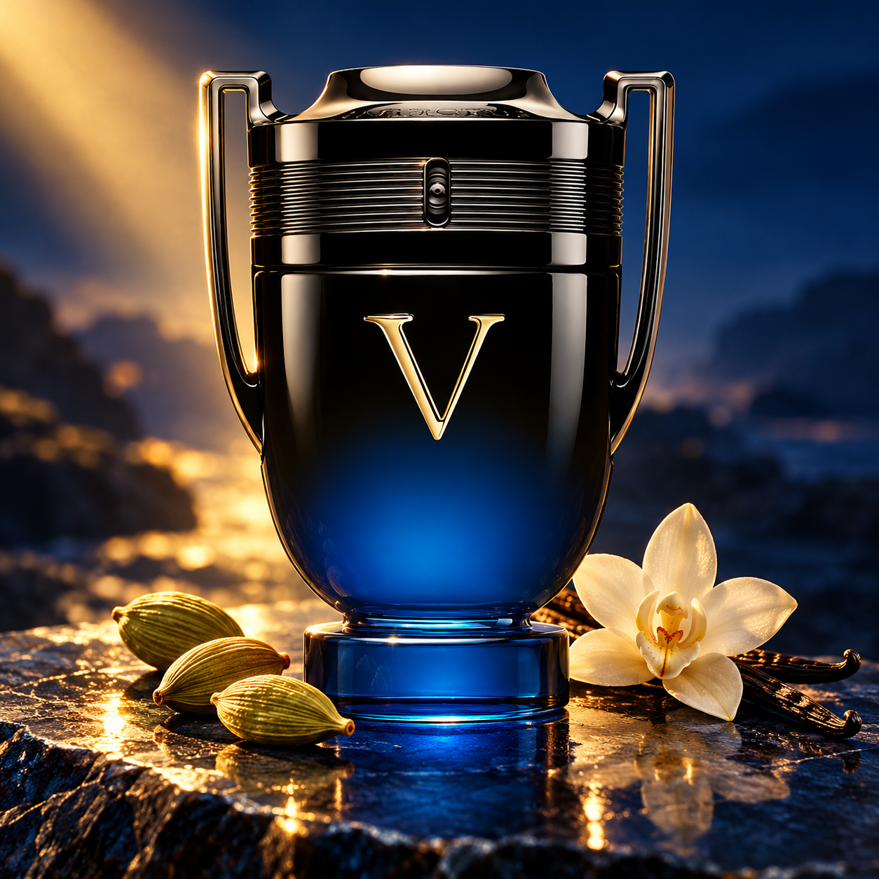 Paco Rabanne Invictus Victory Elixir on blue stone with cardamom, a vanilla orchid and pods under golden light.