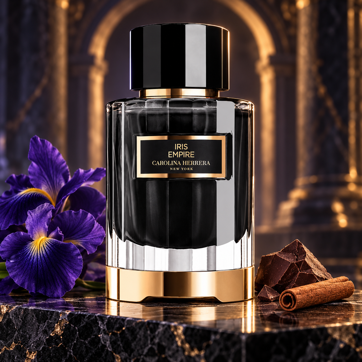 Carolina Herrera Iris Empire bottle on dark marble beside purple irises, chocolate and cinnamon, with a softly lit arch behind.