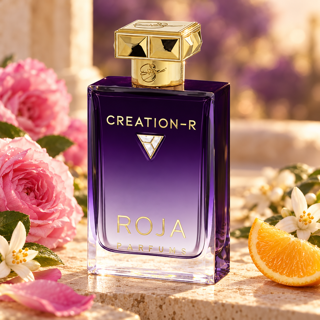 Roja Parfums Creation-R Essence de Parfum bottle with pink roses, orange blossoms and an orange wedge on sunlit limestone.