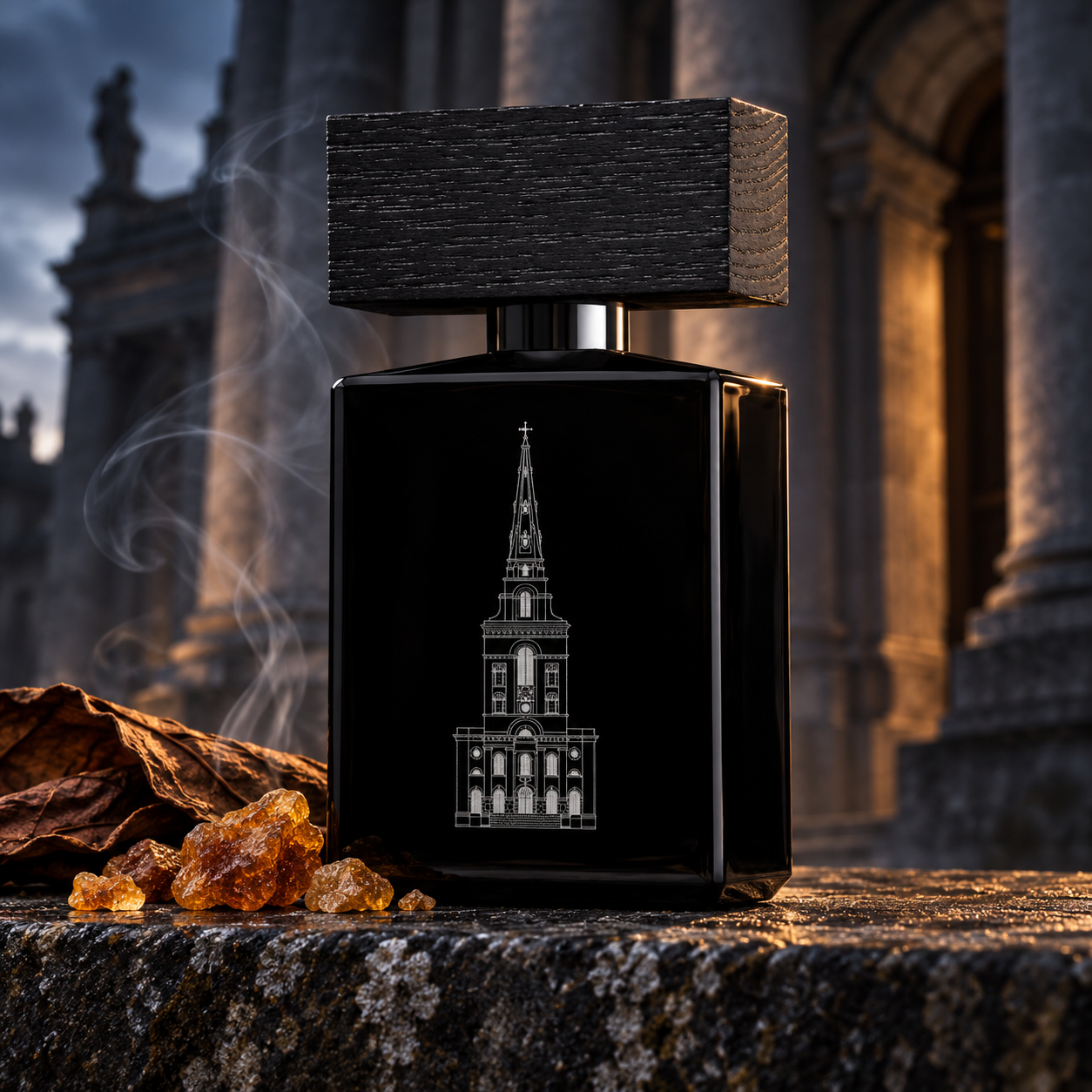 BeauFort London Terror & Magnificence black bottle beside amber resin and tobacco leaves on stone, with smoke and shadowed church columns behind.