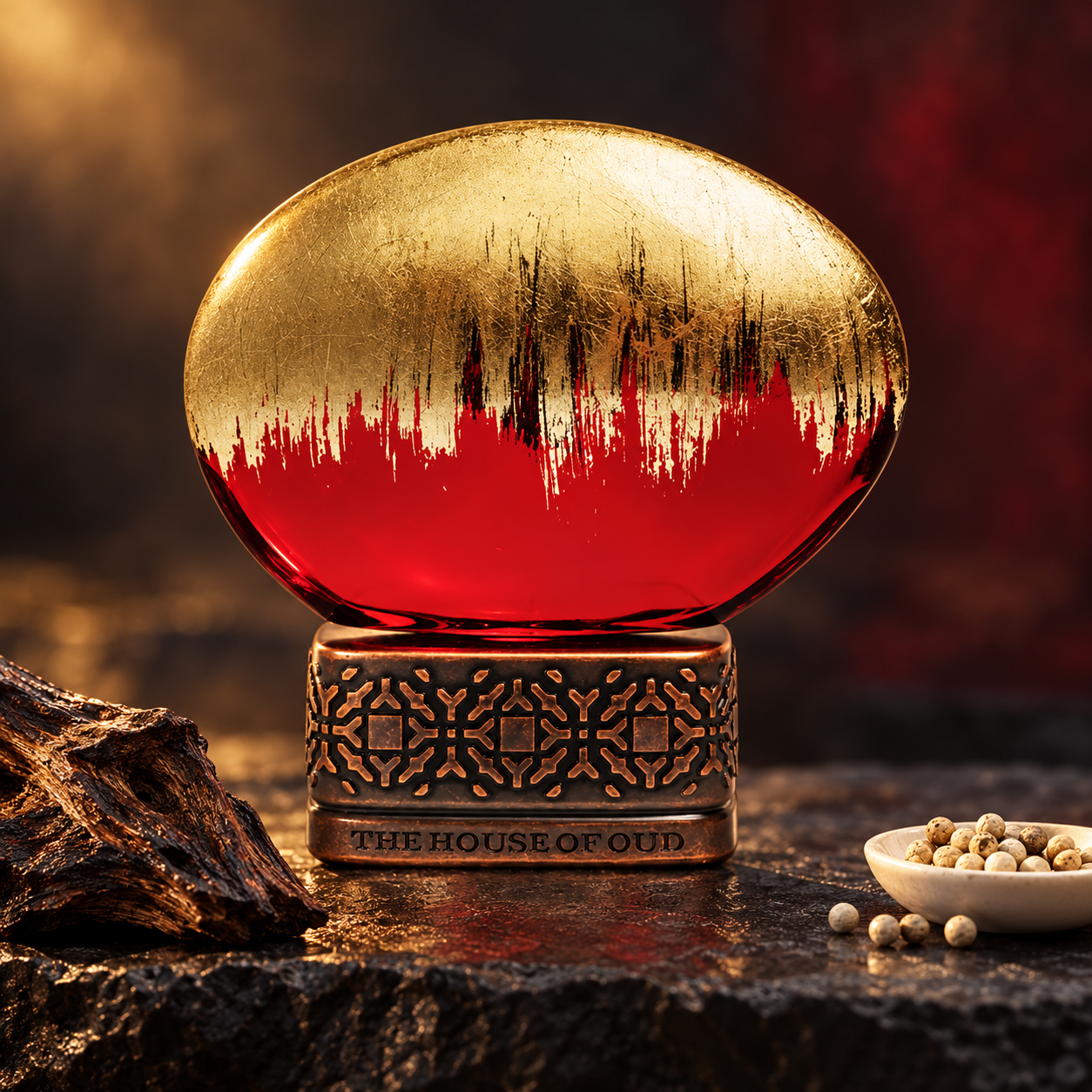 The House of Oud CROP 2023 gold and red bottle beside oud wood and white peppercorns on dark stone in warm lighting.
