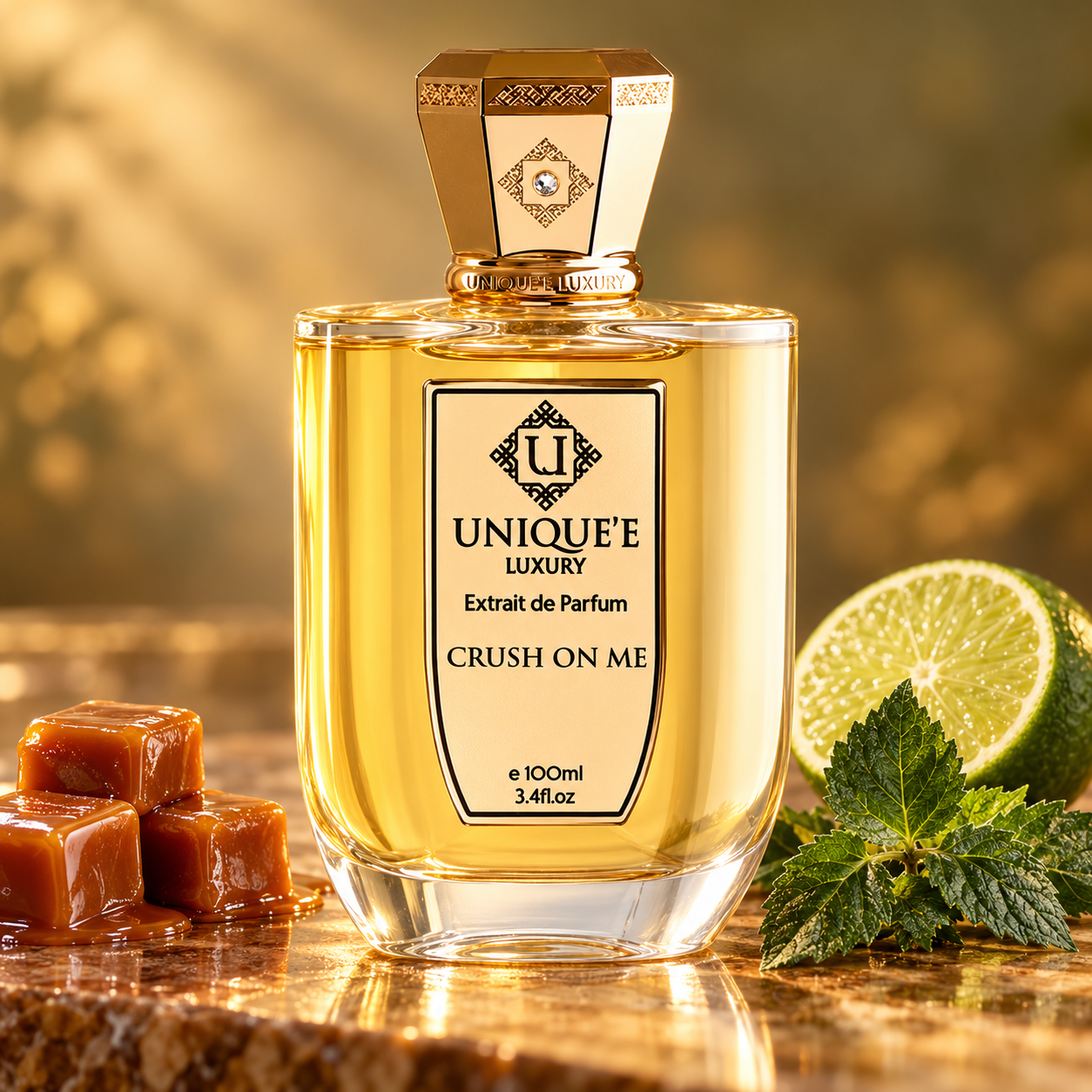 Unique'e Luxury Crush On Me perfume bottle with caramel pieces, patchouli leaves and a lime half in warm golden light.